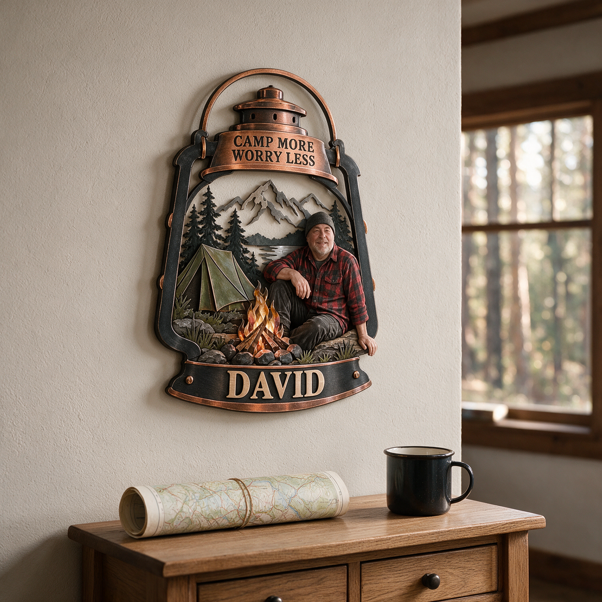 Personalized Camping Metal Wall Art - Custom Portrait and Name, Cabin Wall Decor