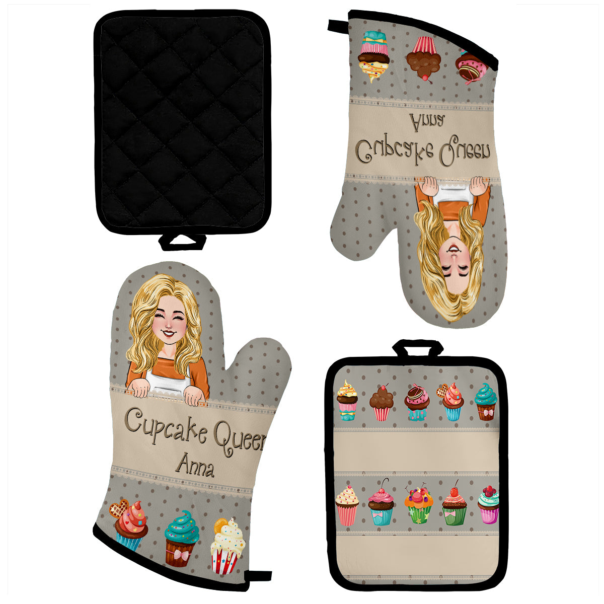 Cupcake Queen - Personalized Baking Oven Mitts & Pot Holder Set
