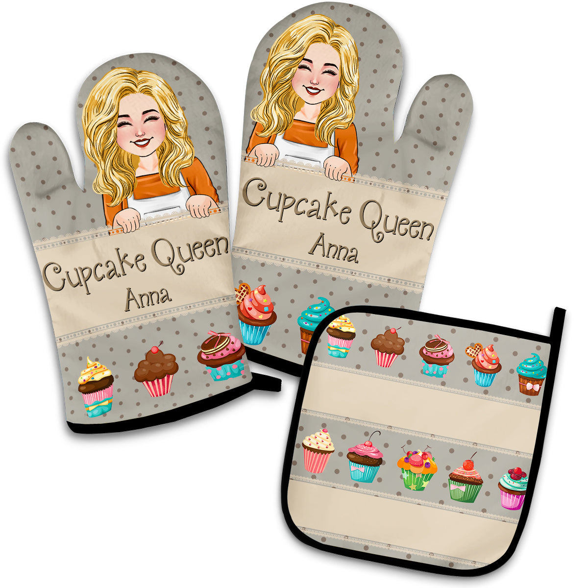 Cupcake Queen - Personalized Baking Oven Mitts & Pot Holder Set
