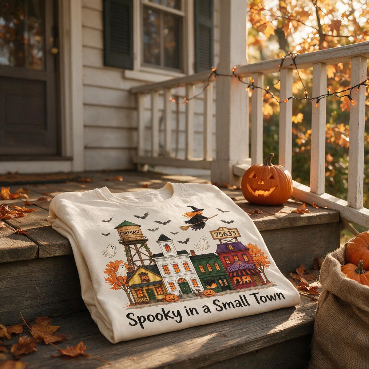 Custom Photo Halloween Spooky Small Town Shirt, Personalized Town Name & Zip Code Fall Tee