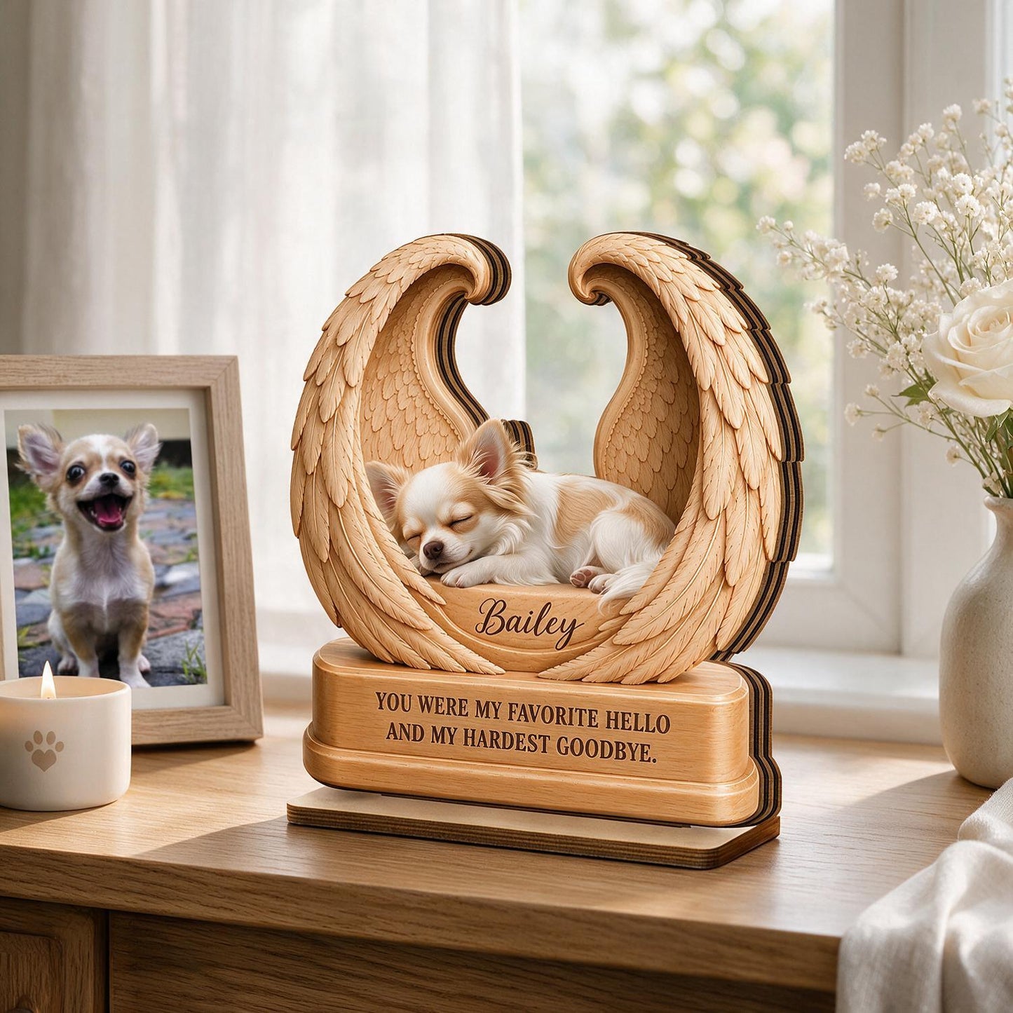 Personalized Sleeping Chihuahua in Angel Wings 2-Layer Wooden Pet Memorial Plaque - Dog Loss Sympathy Gift Keepsake