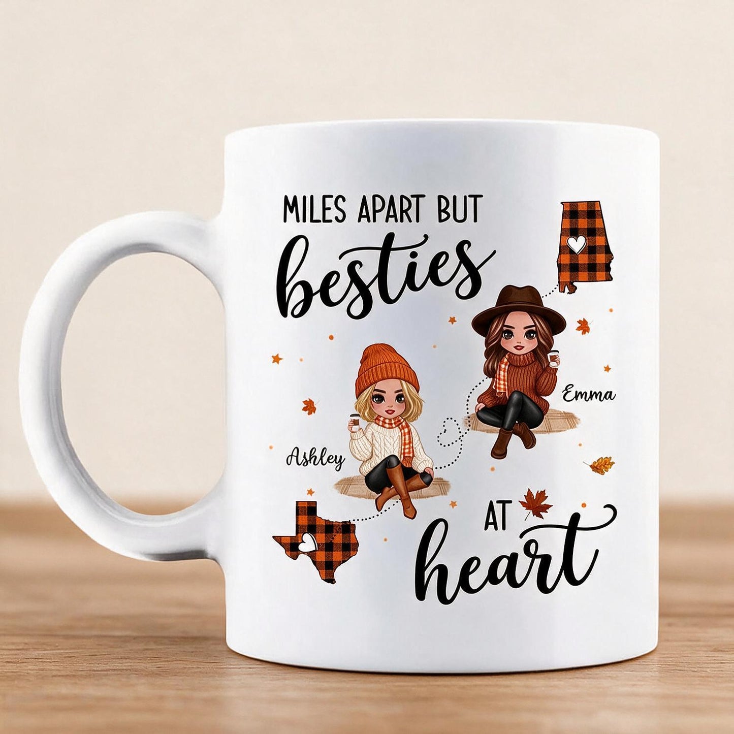 Personalized Fall Plaid Long Distance Besties Mug, Miles Apart Best Friends Gift with Custom States