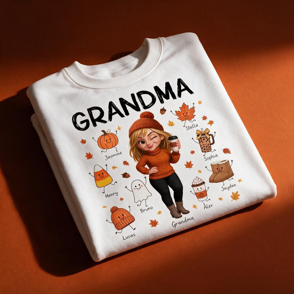 Personalized Grandma Fall Sweatshirt, Custom Grandkids Names Cute Fall Doodle Characters, Thanksgiving Gift for Grandma