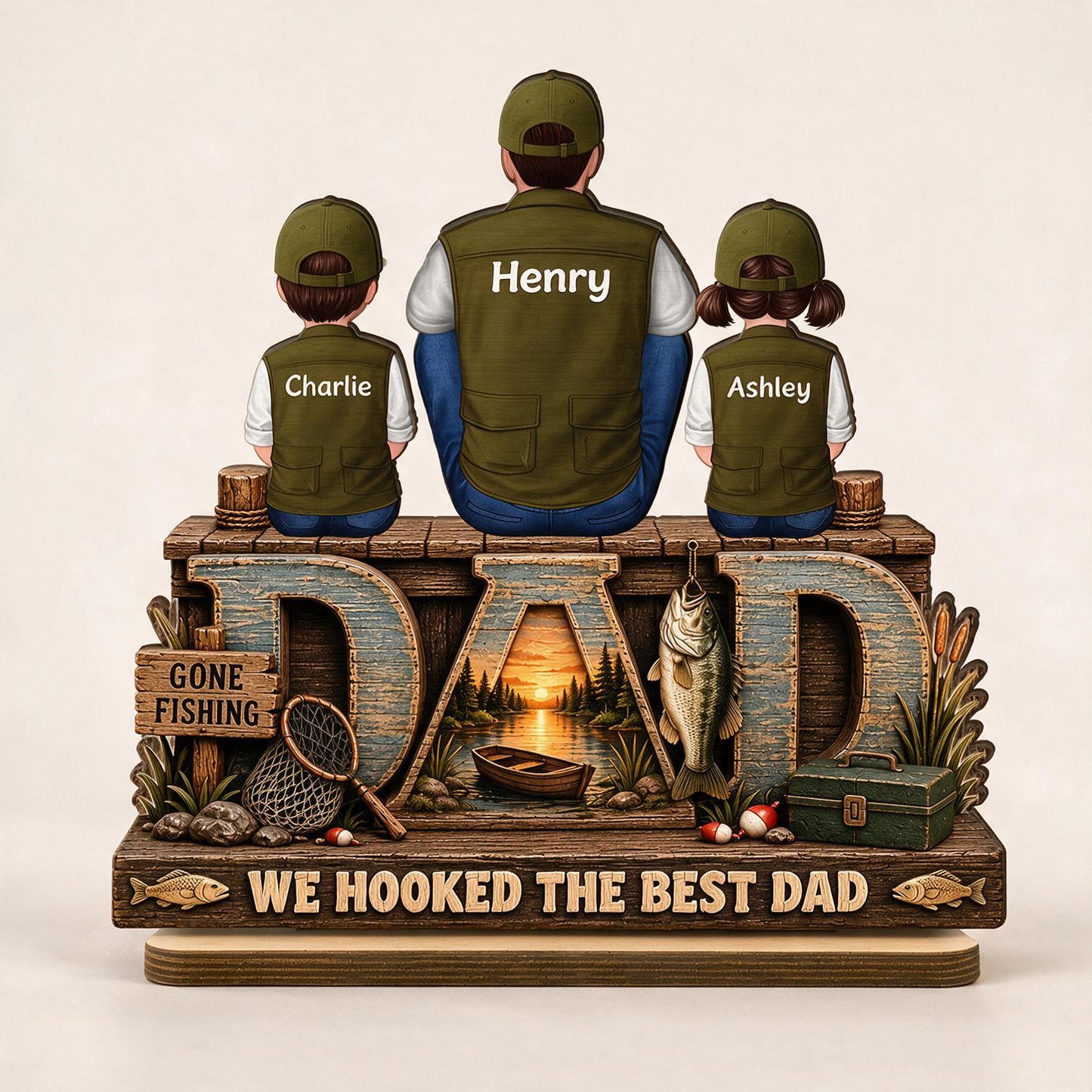 We Hooked The Best Dad Personalized 2-Layered Wooden Plaque - Father's Day Gift for Fishing Dad with Kids Names