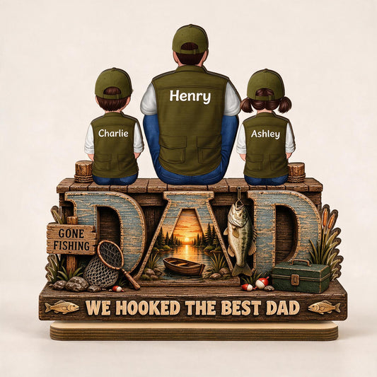 Plaque en Bois Personnalisée 2 Couches pour le Meilleur Papa - Cadeau de Fête des Pères pour Papa Pêcheur avec Noms des Enfants