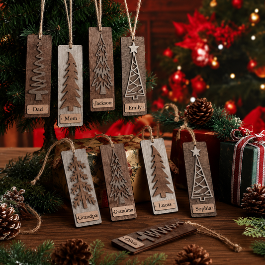 Rustic Wooden Christmas Ornaments, Vintage Gray And Brown Farmhouse Tree Decor - Personalized Family 2 Layered Piece Ornament
