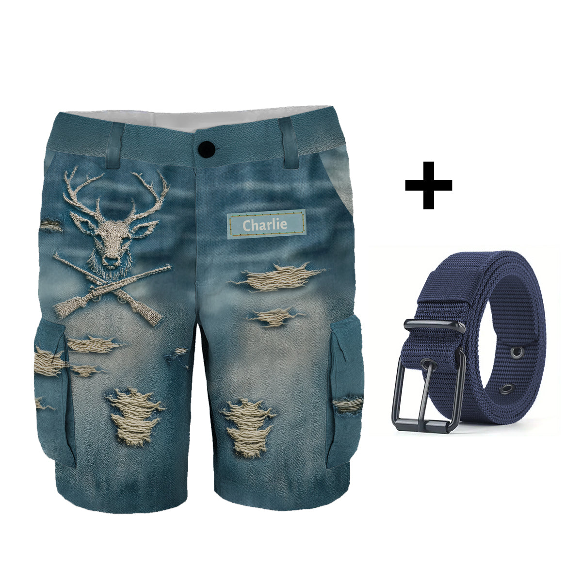 Jagdgeschenk im Used-Look – Personalisierte Jagd-Cargoshorts mit Gürtel