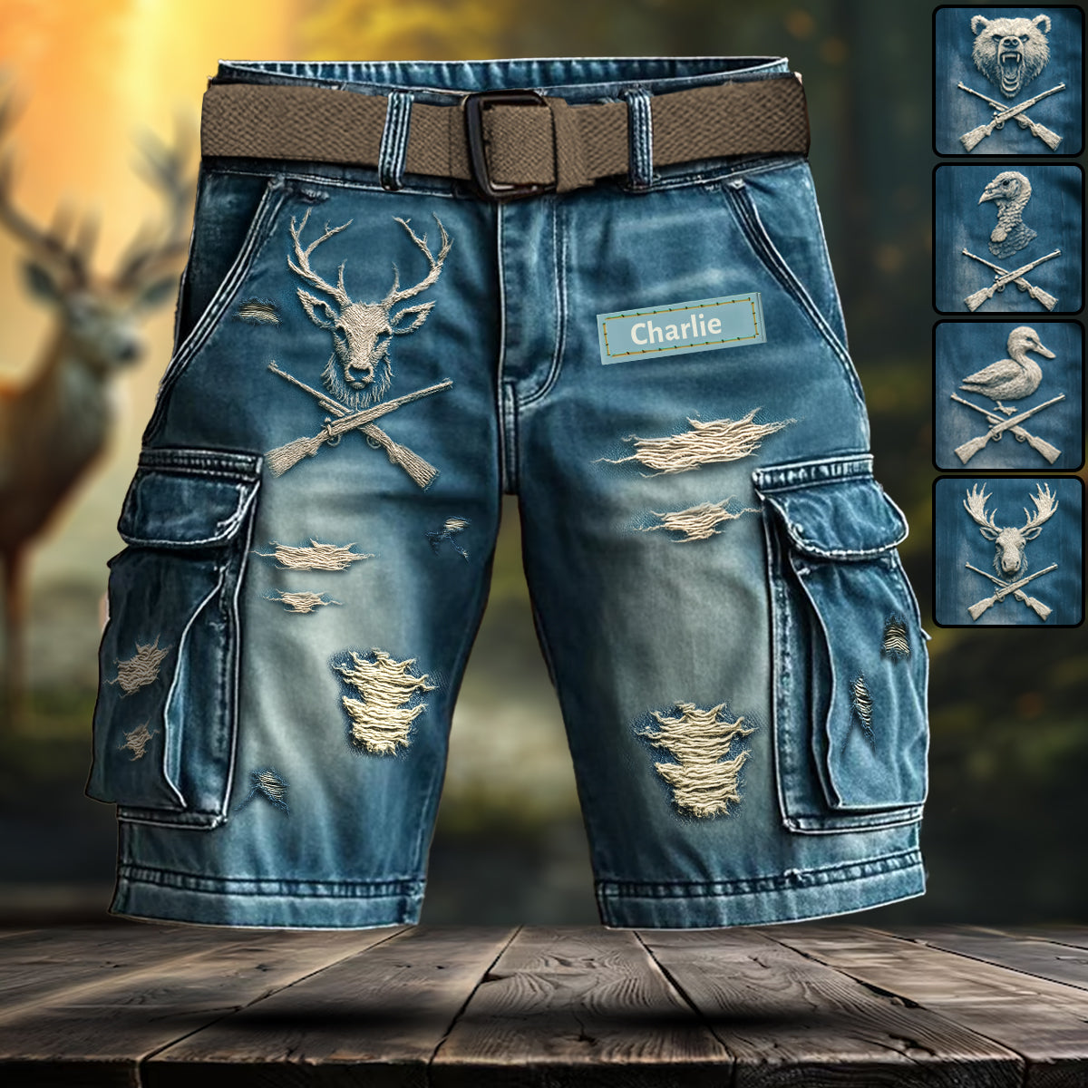 Jagdgeschenk im Used-Look – Personalisierte Jagd-Cargoshorts mit Gürtel
