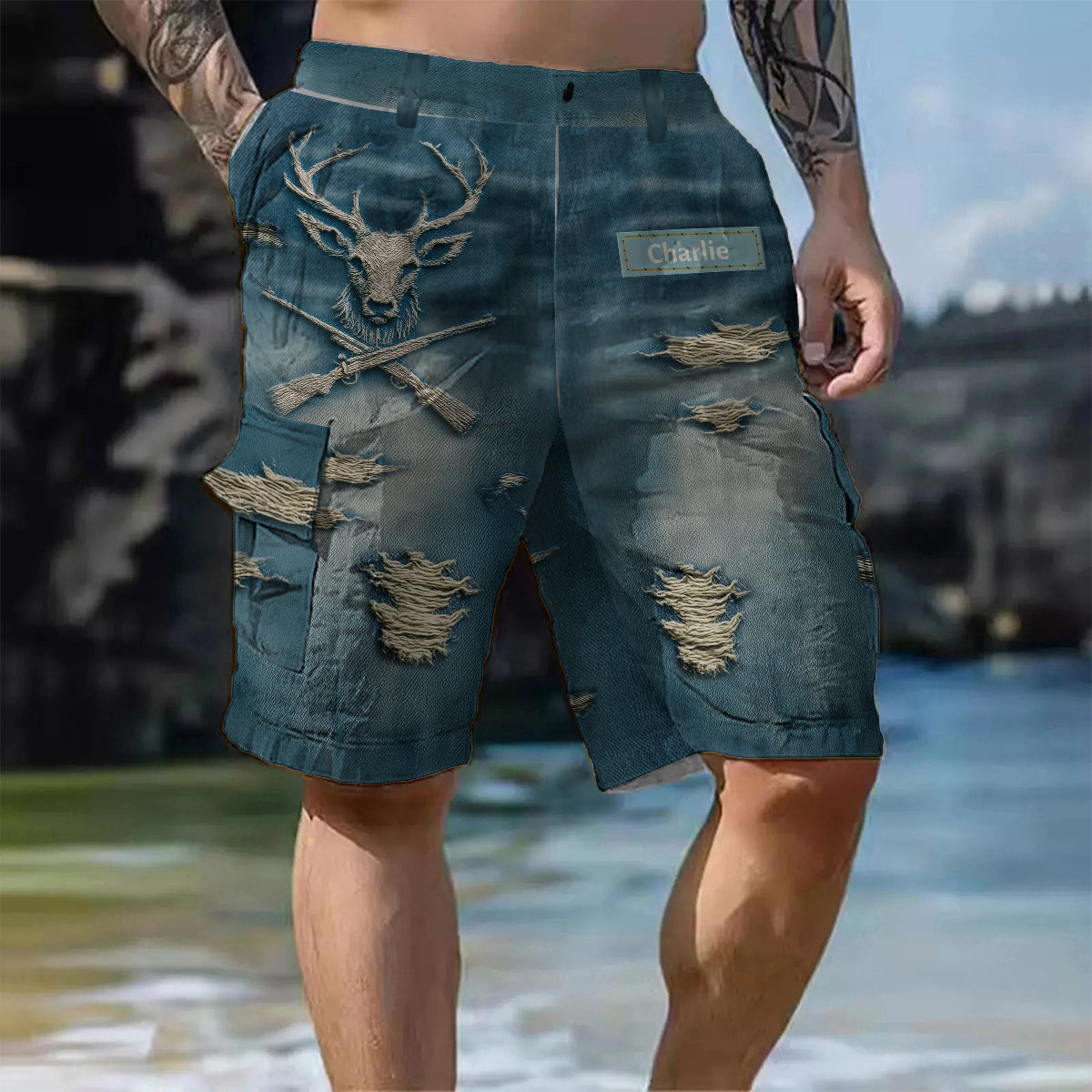 Jagdgeschenk im Used-Look – Personalisierte Jagd-Cargoshorts mit Gürtel