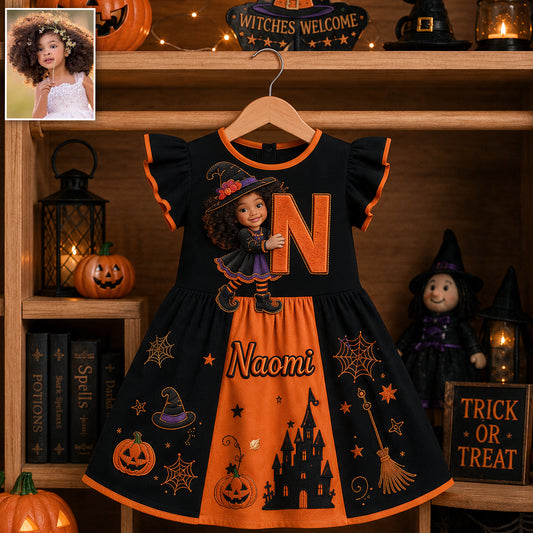 Halloween Initial Gift For Kids - Personalized Kid Kid Ruffle Sleeve Dress
