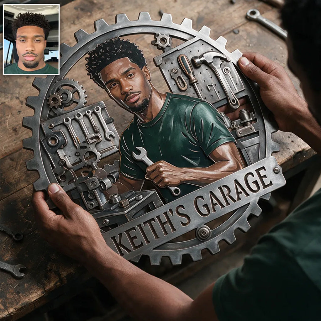 Gear Frame Garage Decor Sign - Personalized Garage 3D Printed Cut Metal Sign