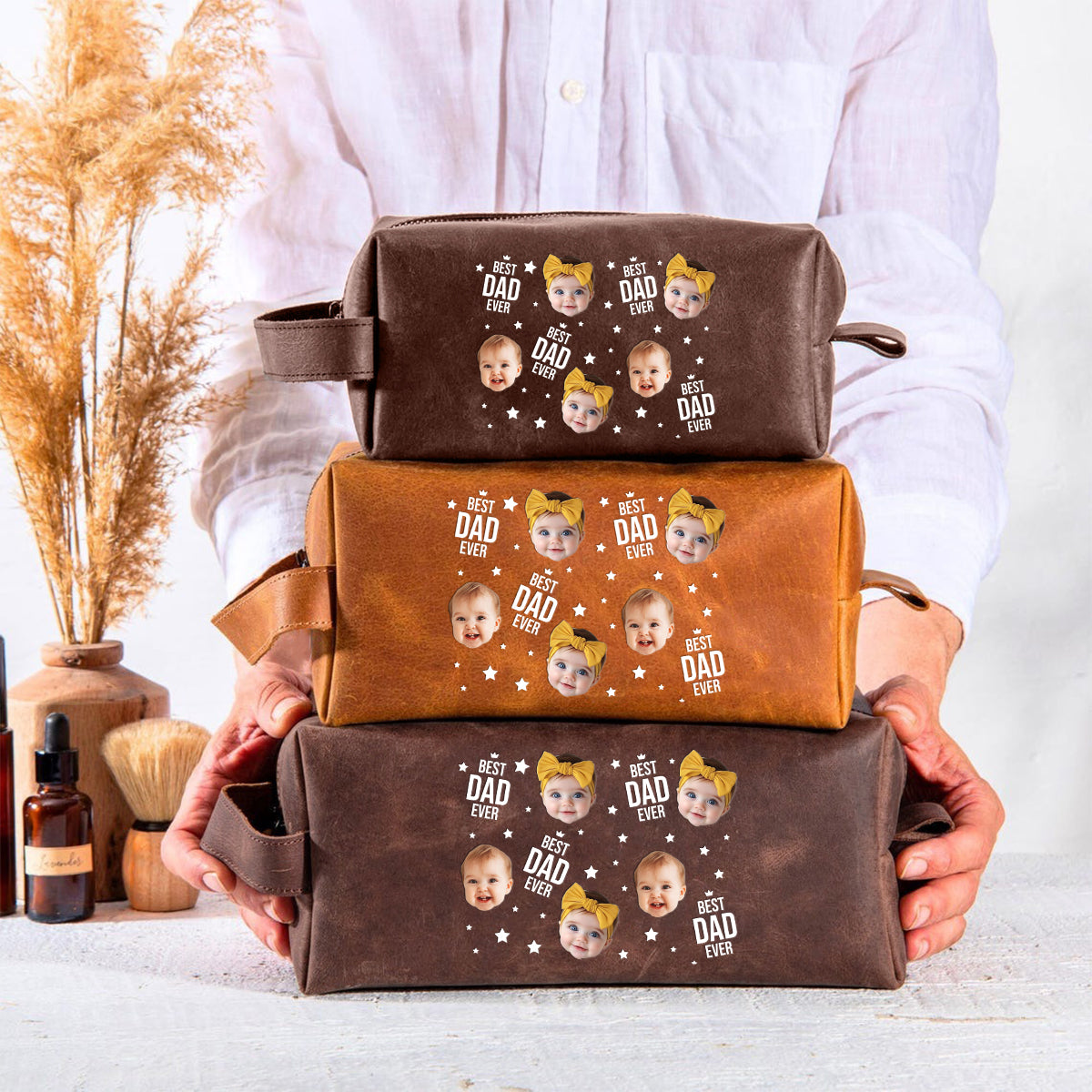 Best Dad Ever - Personalized Father Leather Toiletry Bag