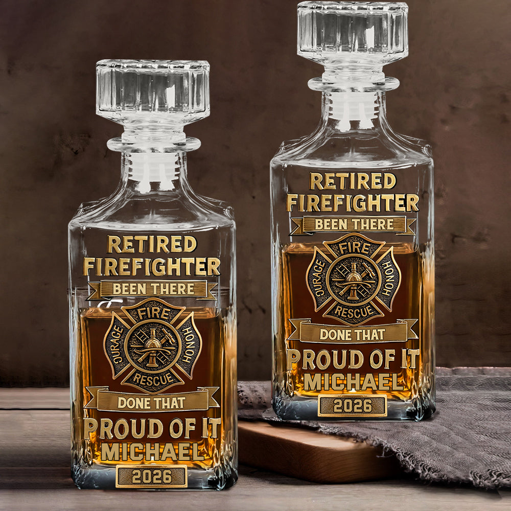 Proud Retired Firefighter - Personalized Firefighter Whiskey Decanter Set