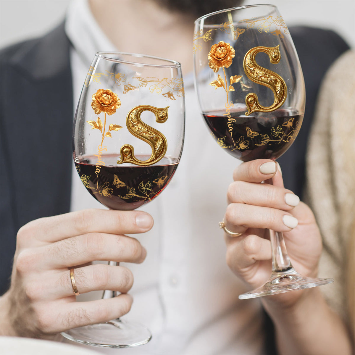 Fleurs dorées - Verre à vin de luxe personnalisé à longue tige