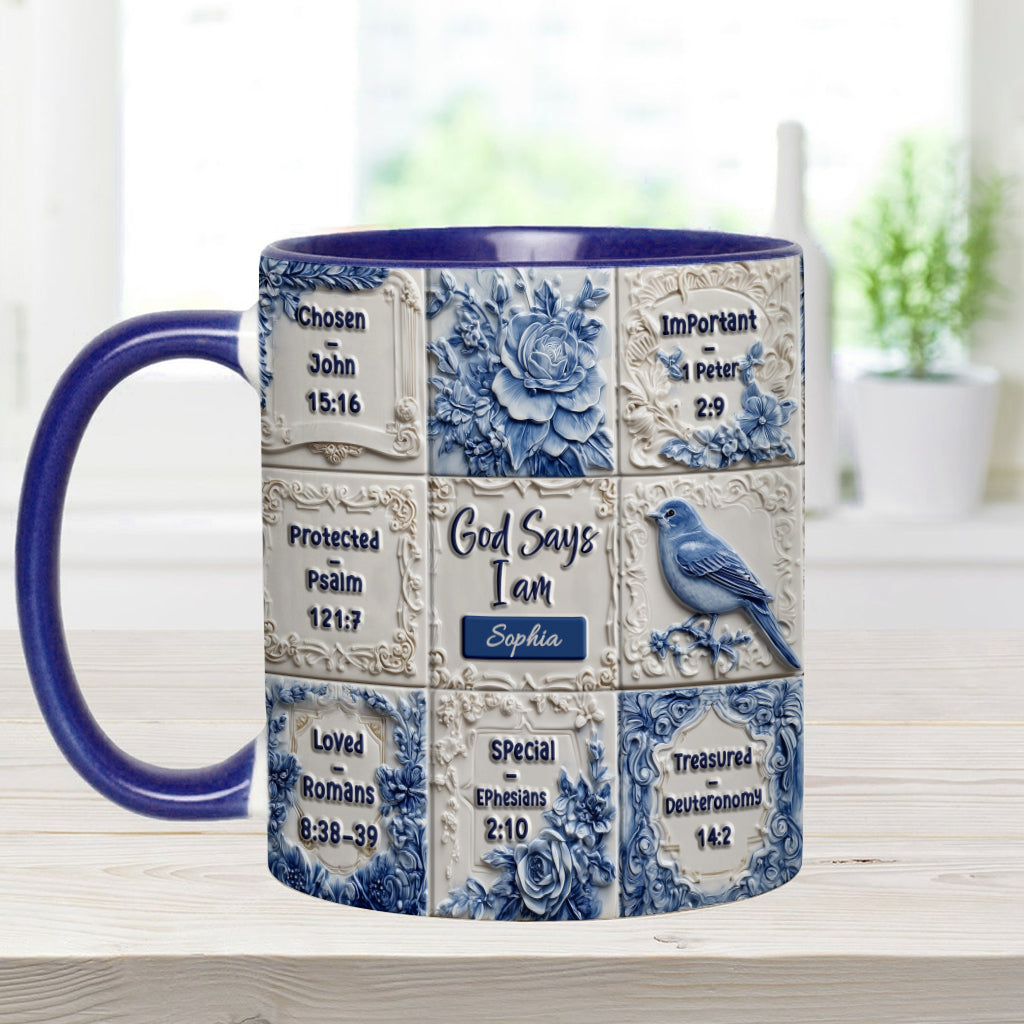 God Says I Am Toile De Jouy Pattern - Personalized Christian Accent Mug