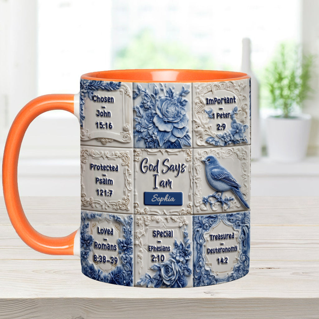 God Says I Am Toile De Jouy Pattern - Personalized Christian Accent Mug