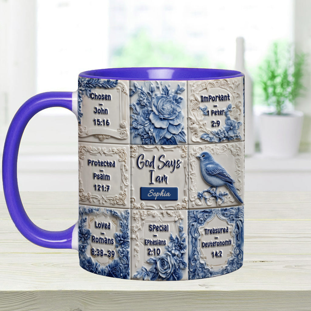 God Says I Am Toile De Jouy Pattern - Personalized Christian Accent Mug