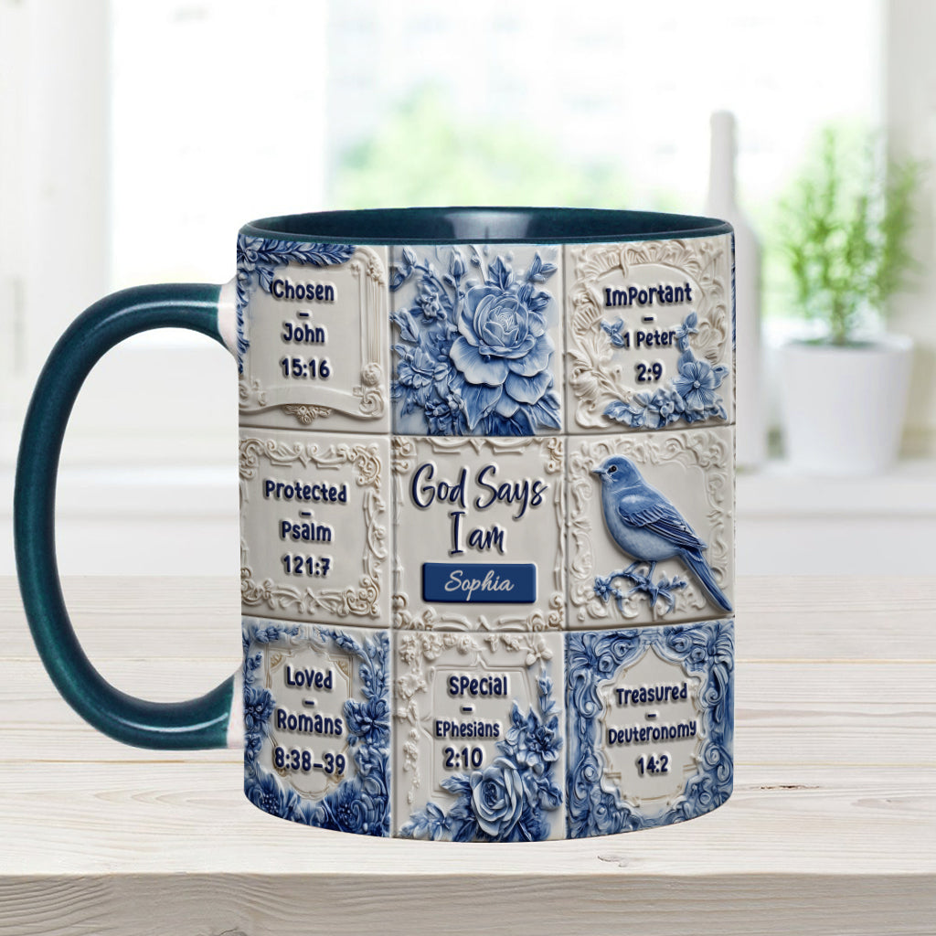 God Says I Am Toile De Jouy Pattern - Personalized Christian Accent Mug