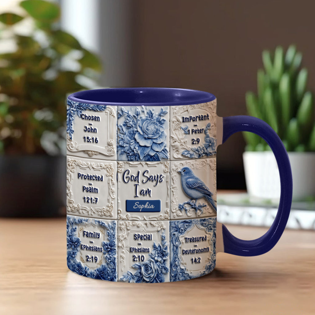 God Says I Am Toile De Jouy Pattern - Personalized Christian Accent Mug