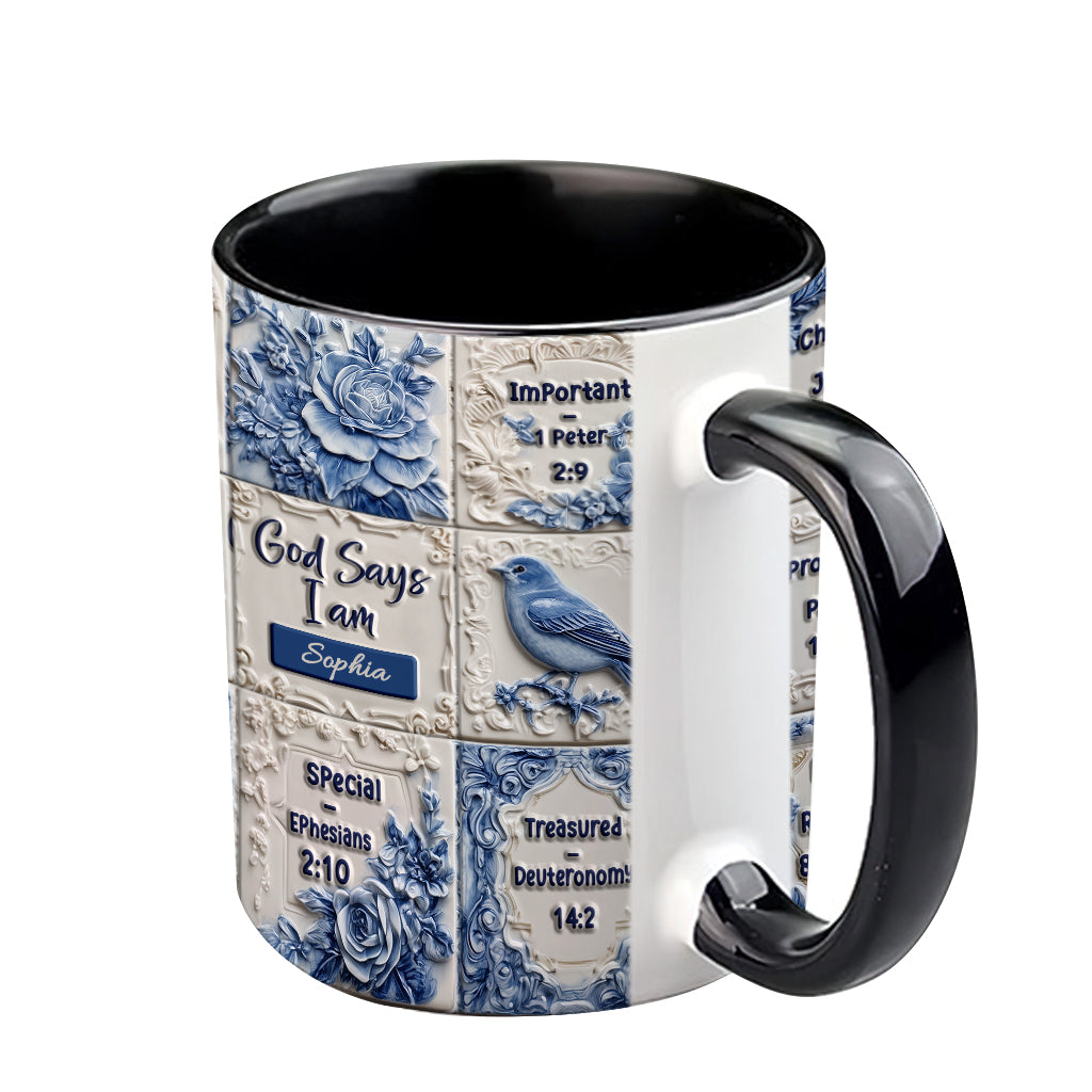 God Says I Am Toile De Jouy Pattern - Personalized Christian Accent Mug