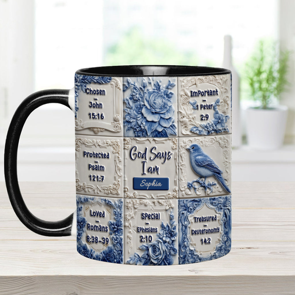 God Says I Am Toile De Jouy Pattern - Personalized Christian Accent Mug