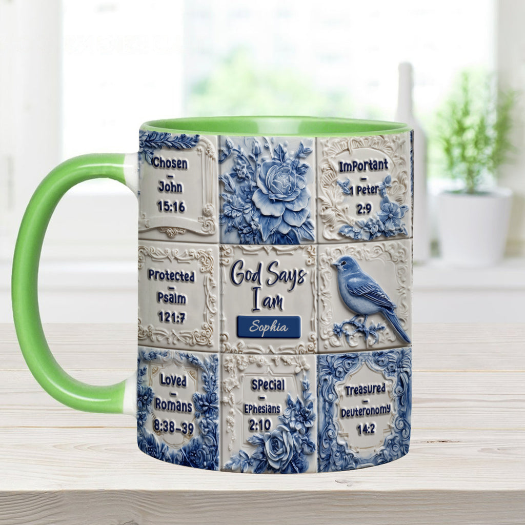 God Says I Am Toile De Jouy Pattern - Personalized Christian Accent Mug