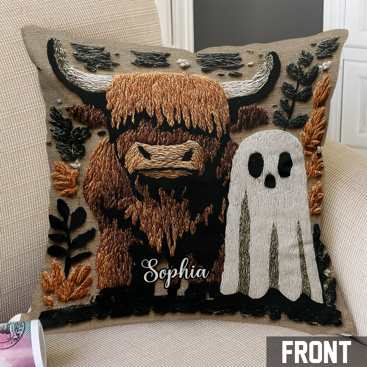 Coussin décoratif personnalisé « Vache des Highlands fantôme »