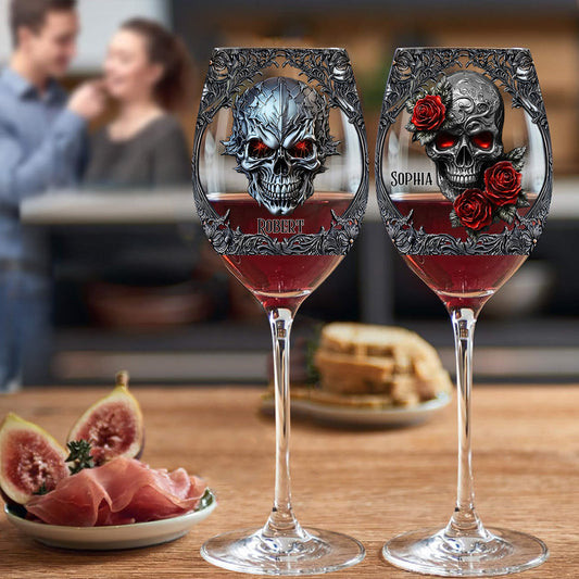 Hello Darkness - Couple Gift - Personalized Skull Wine Glass With Long Stem