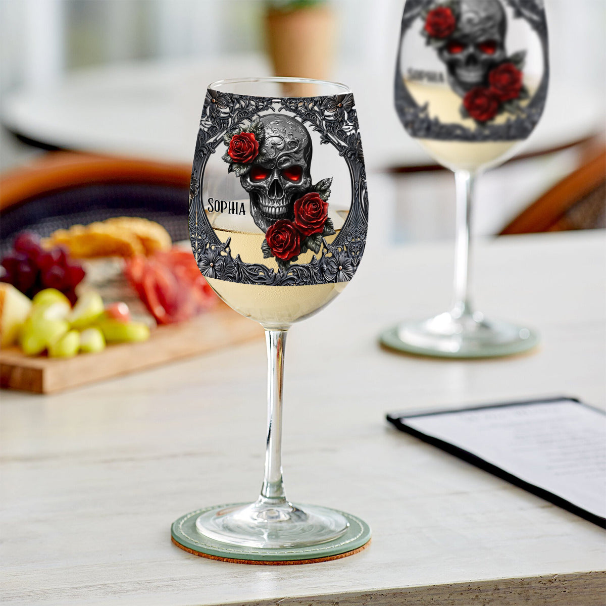 Hello Darkness - Couple Gift - Personalized Skull Wine Glass With Long Stem