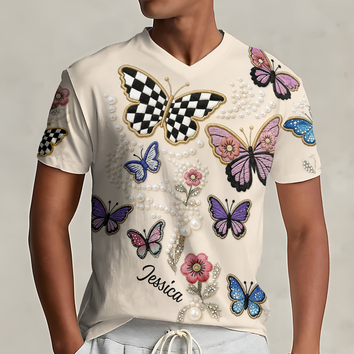 Love Butterfies - Personalized Butterfly Fully Printed V-Neck T-Shirt