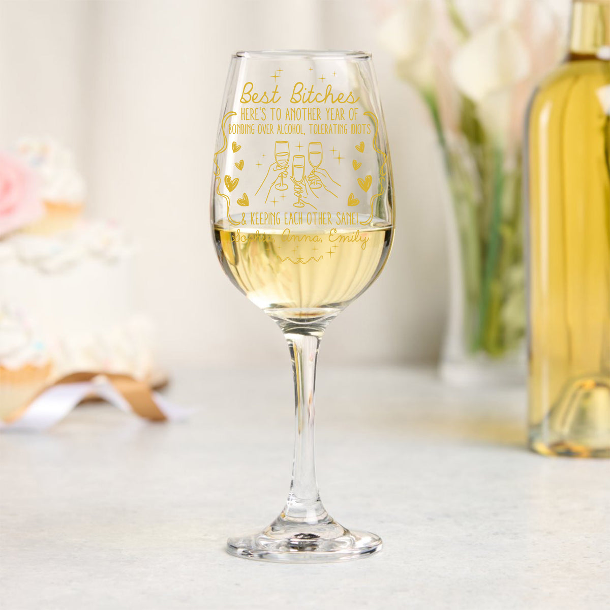 Here's To Another Year - Personalized Bestie Wine Glass With Long Stem