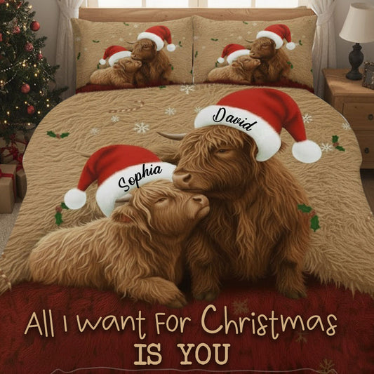 All I Want For Christmas Is You - Personalized Highland Cow Quilt Set