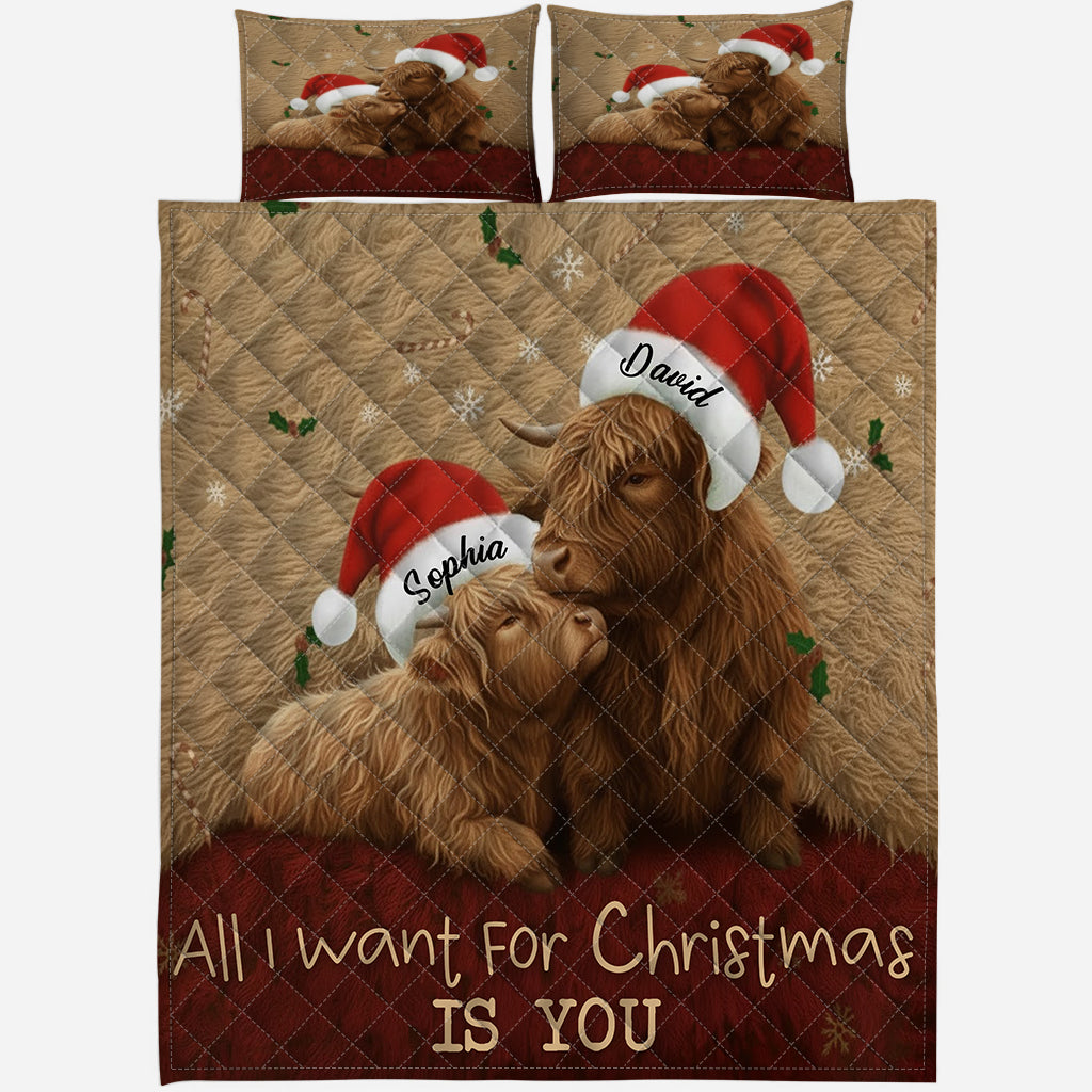 All I Want For Christmas Is You - Personalized Highland Cow Quilt Set