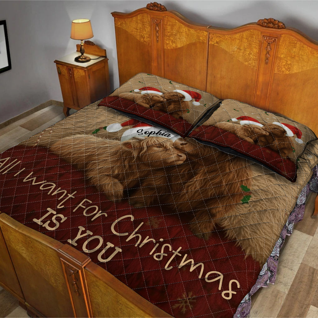 All I Want For Christmas Is You - Personalized Highland Cow Quilt Set