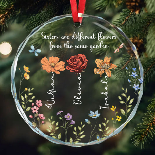 Colorful Garden Flowers - Personalized Sibling Round Shaped Glass Ornament