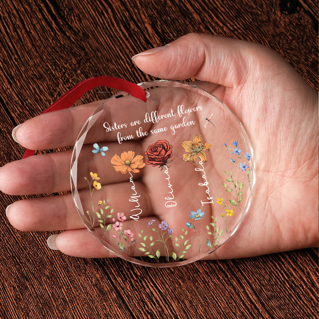 Colorful Garden Flowers - Personalized Sibling Round Shaped Glass Ornament