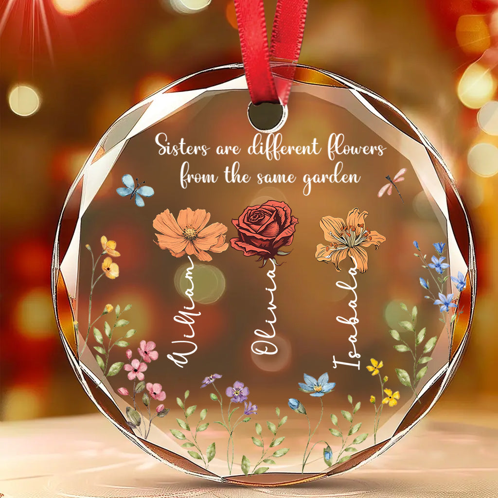 Colorful Garden Flowers - Personalized Sibling Round Shaped Glass Ornament