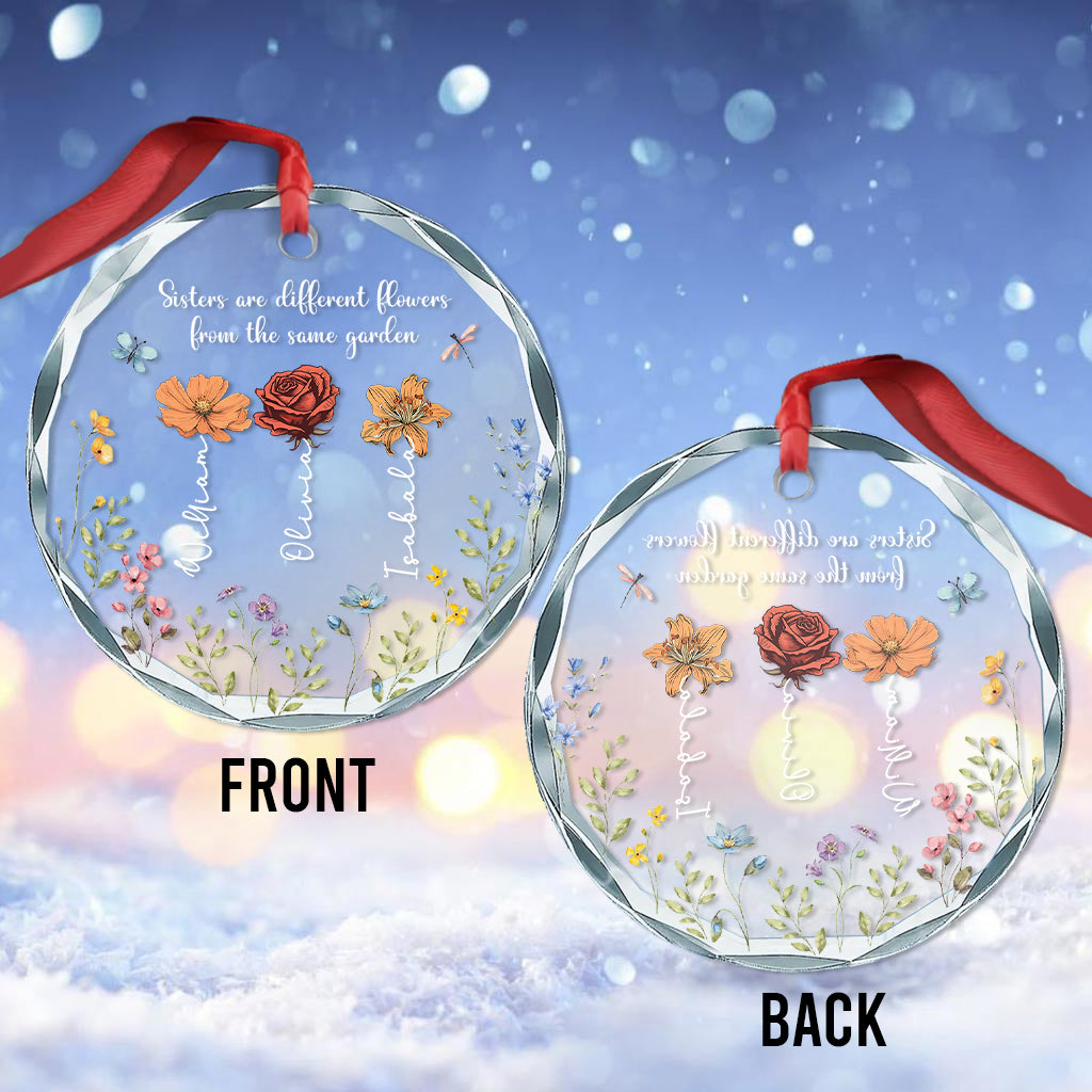 Colorful Garden Flowers - Personalized Sibling Round Shaped Glass Ornament