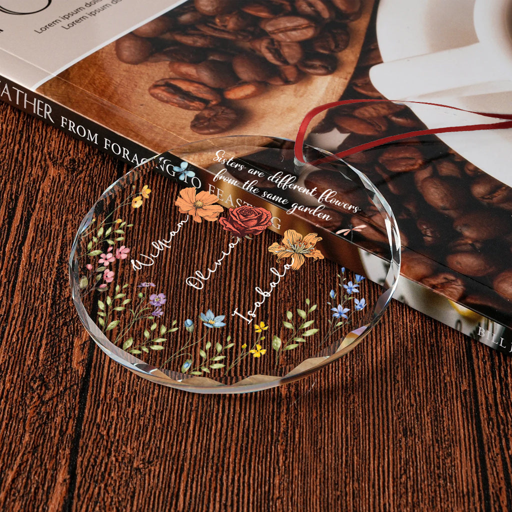 Colorful Garden Flowers - Personalized Sibling Round Shaped Glass Ornament
