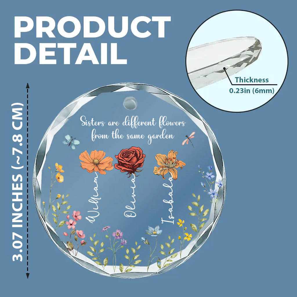 Colorful Garden Flowers - Personalized Sibling Round Shaped Glass Ornament