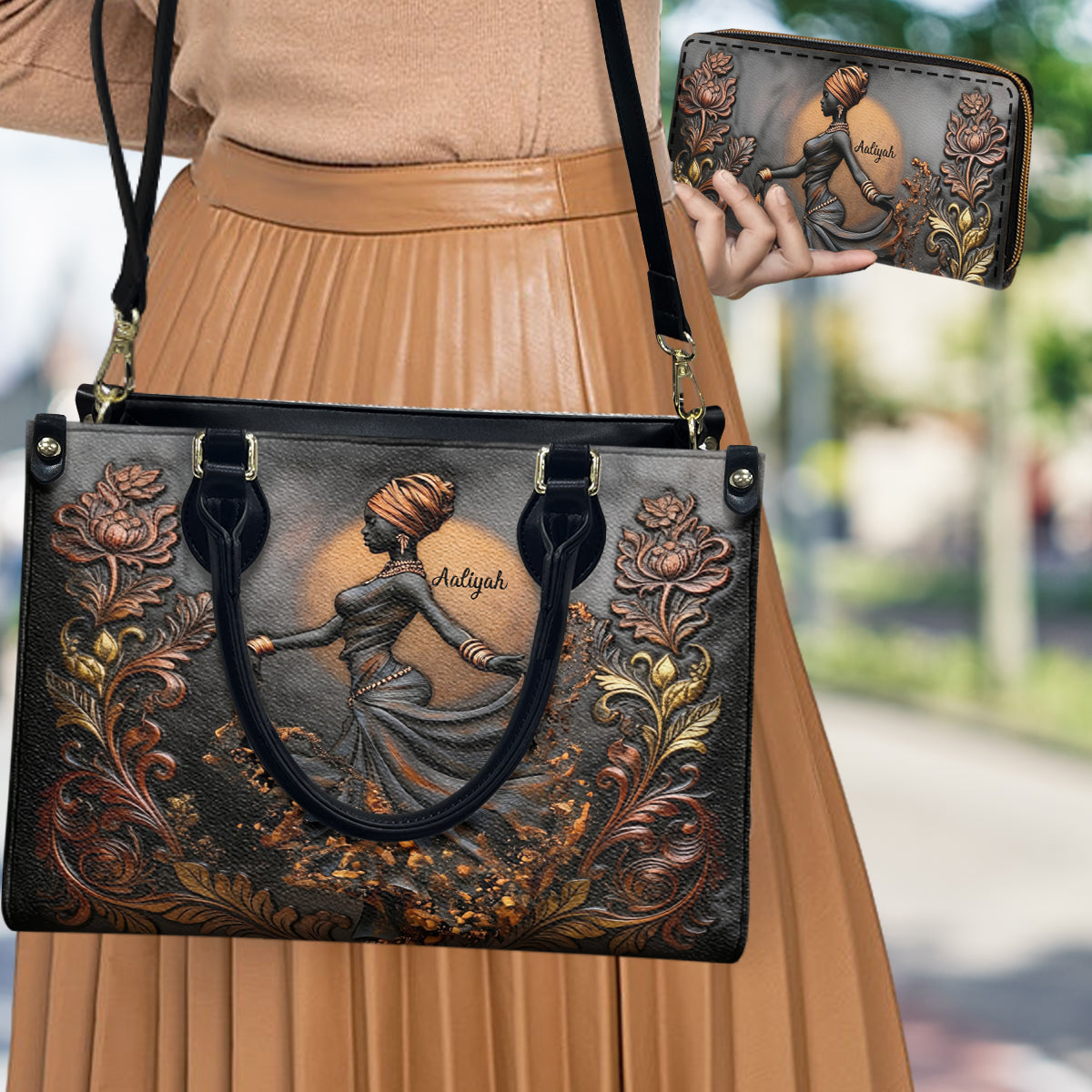 Beautiful Black Woman - Personalized African American Leather Handbag & Leather Long Wallet