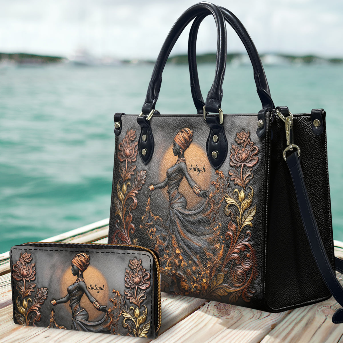 Beautiful Black Woman - Personalized African American Leather Handbag & Leather Long Wallet