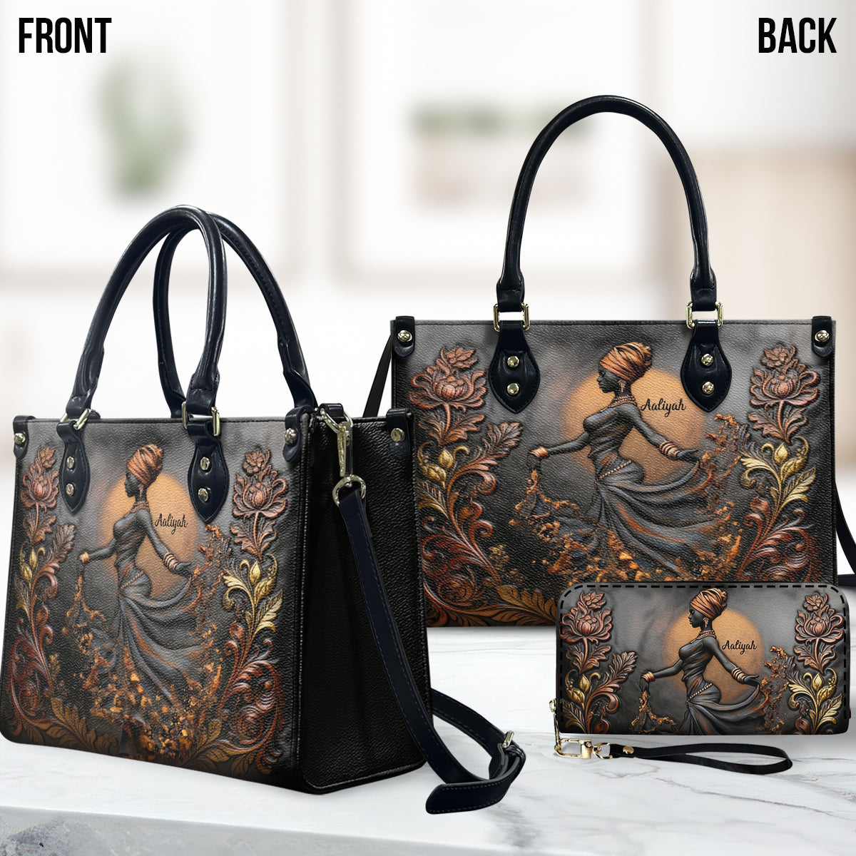 Beautiful Black Woman - Personalized African American Leather Handbag & Leather Long Wallet