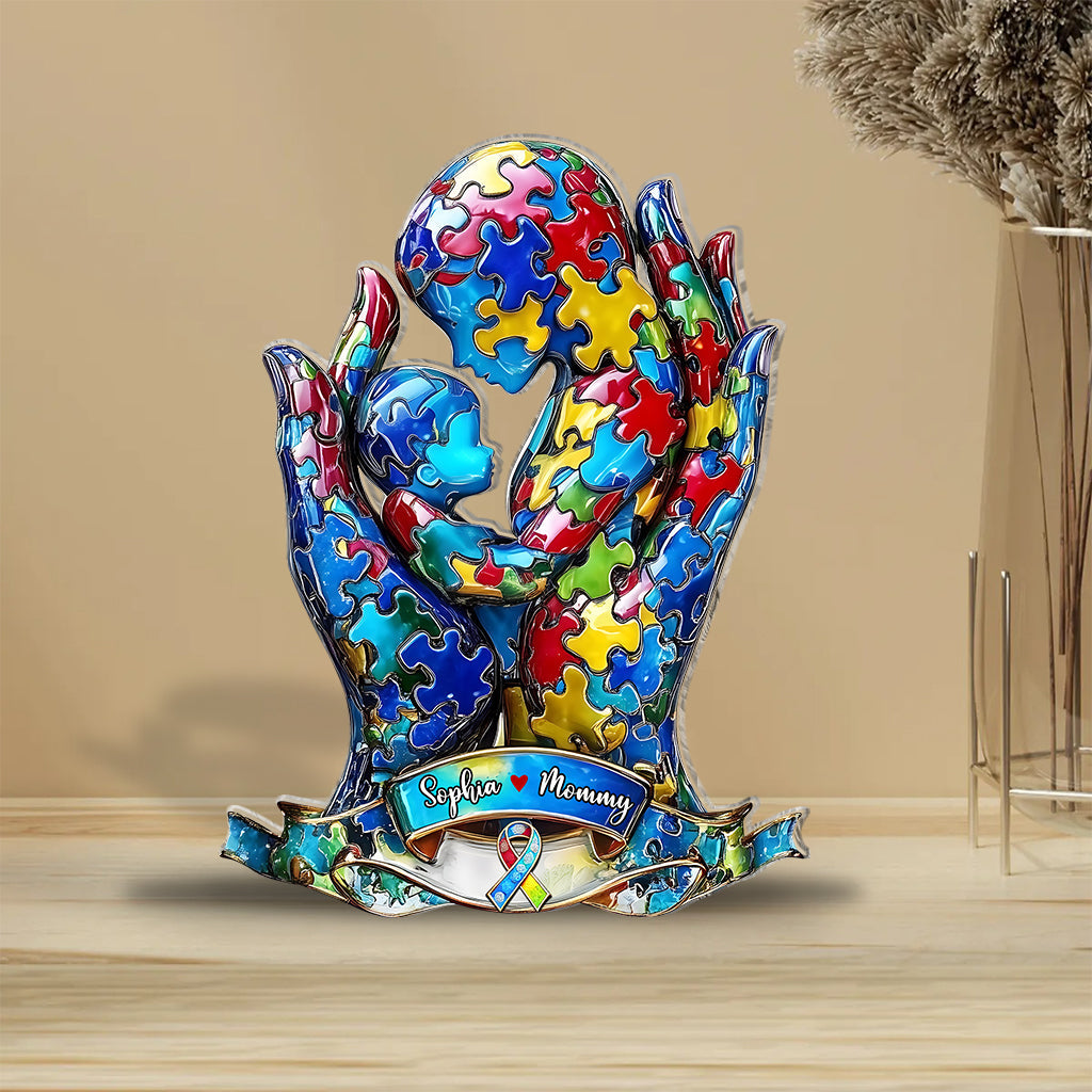 Mom And Kid - Personalized Autism Awareness Custom Shaped Acrylic Plaque