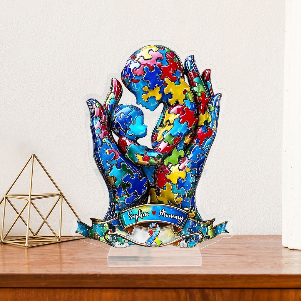 Mom And Kid - Personalized Autism Awareness Custom Shaped Acrylic Plaque