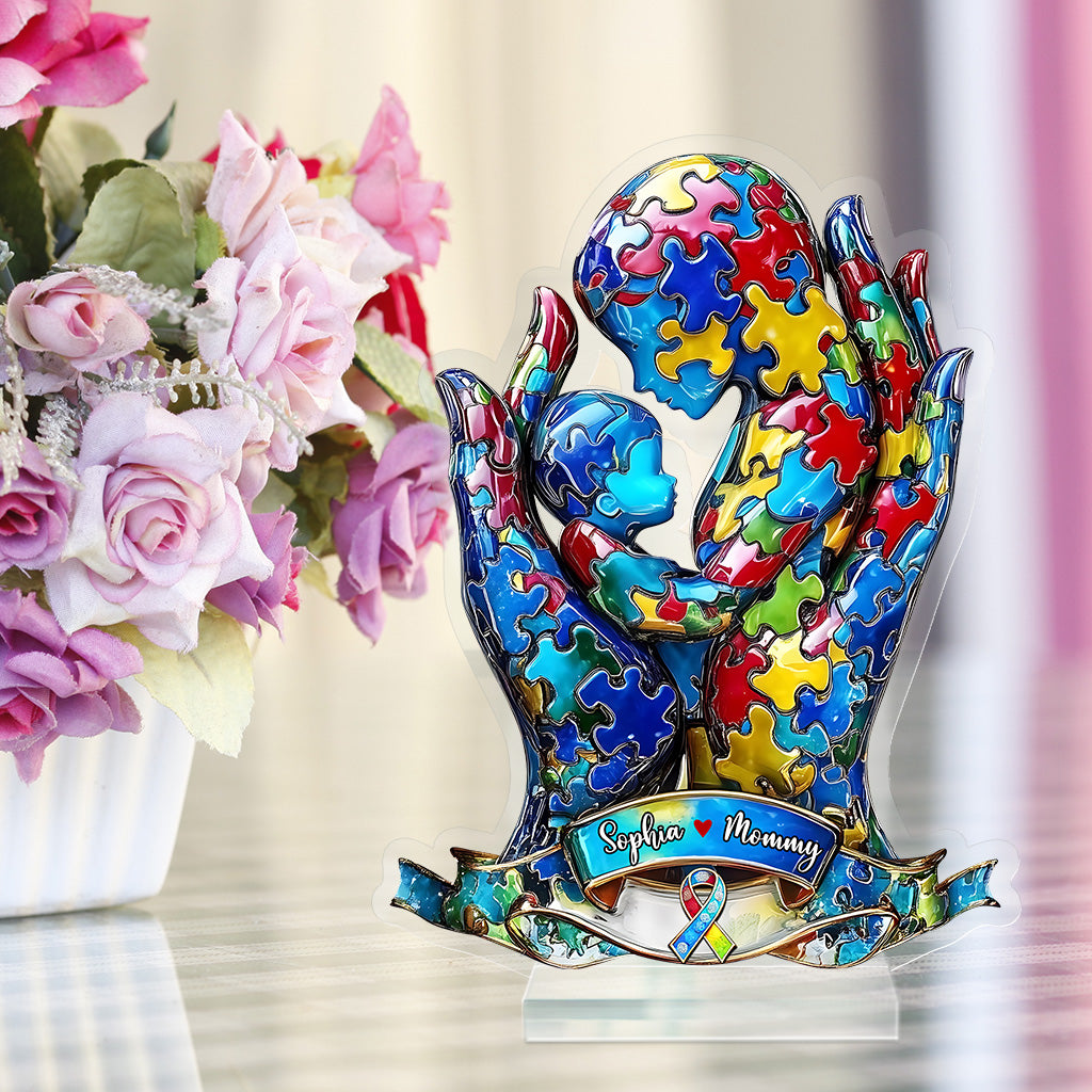 Mom And Kid - Personalized Autism Awareness Custom Shaped Acrylic Plaque