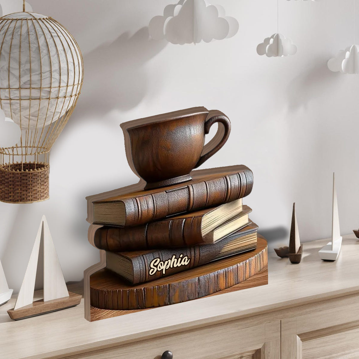 Wooden Book & Coffee Cup Decor - Personalized Book Custom Shaped Wood Plaque