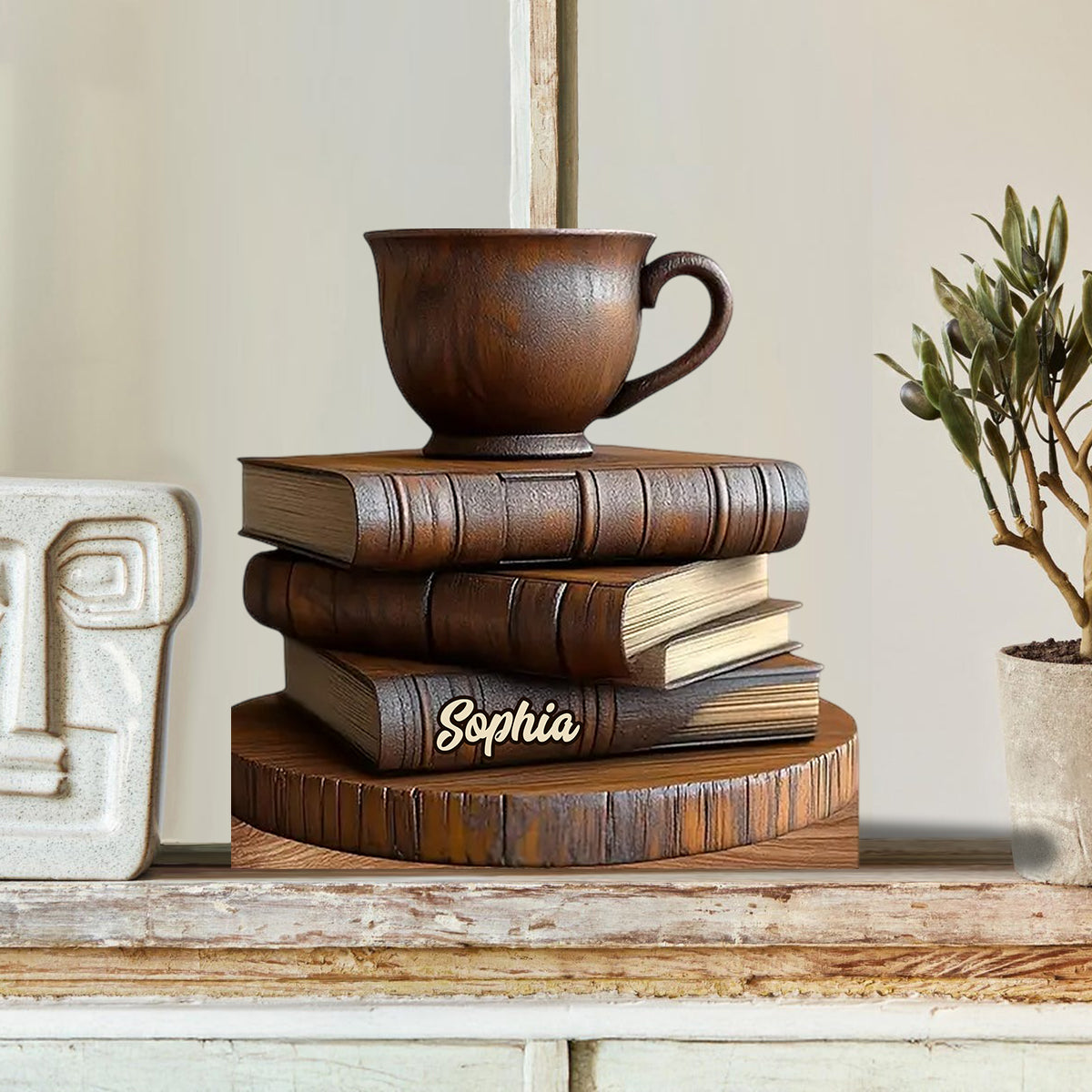 Wooden Book & Coffee Cup Decor - Personalized Book Custom Shaped Wood Plaque