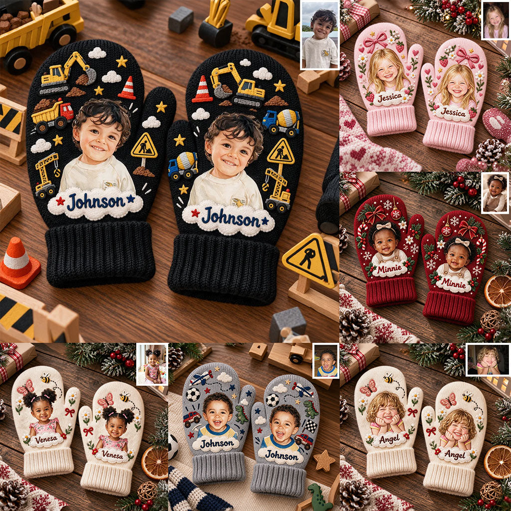 Kids Christmas Gloves, Custom Photo Embroidered Gloves with Name, Cute Winter Mittens, Unique Xmas Gift for Boys and Girls - Personalized Kid Knitted Mittens