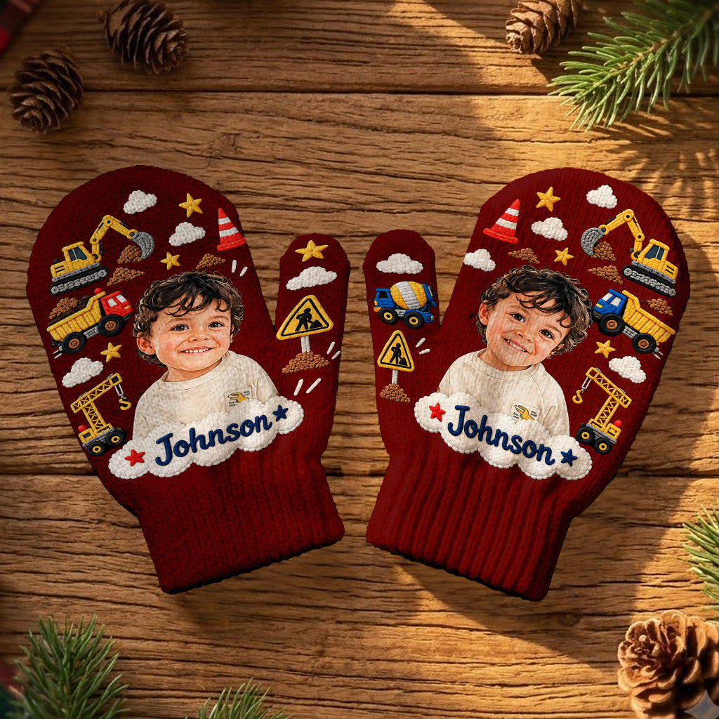 Kids Christmas Gloves, Custom Photo Embroidered Gloves with Name, Cute Winter Mittens, Unique Xmas Gift for Boys and Girls - Personalized Kid Knitted Mittens